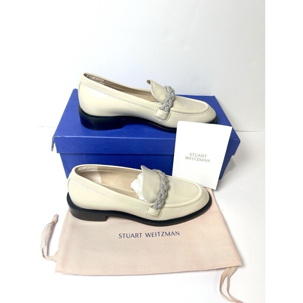 Stuart Weitzman Palmer Hishine Loafer Ivory Leather Crystal Chain Flats 6B /36.5